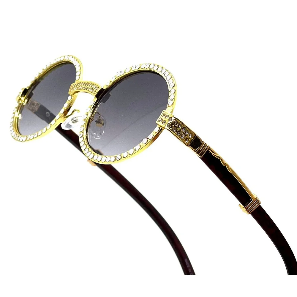 Rhinestone Sunglasses ‎ Gold Wood Tone Accents Men Black Gradient Lens Classic